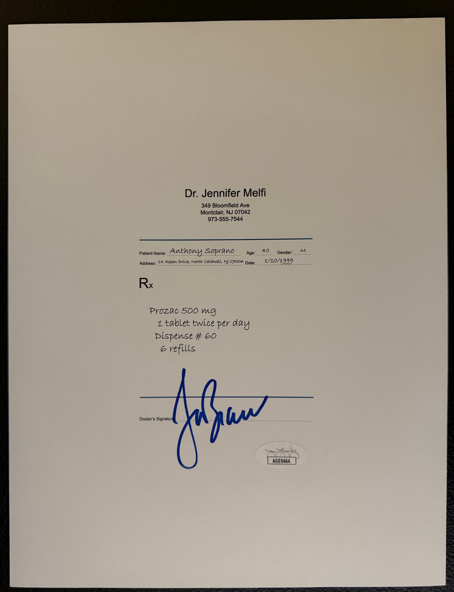 Lorraine Bracco prescription pad for Anthony Soprano Prozac 8 1/2 x 11" signed - JSA Authenticated
