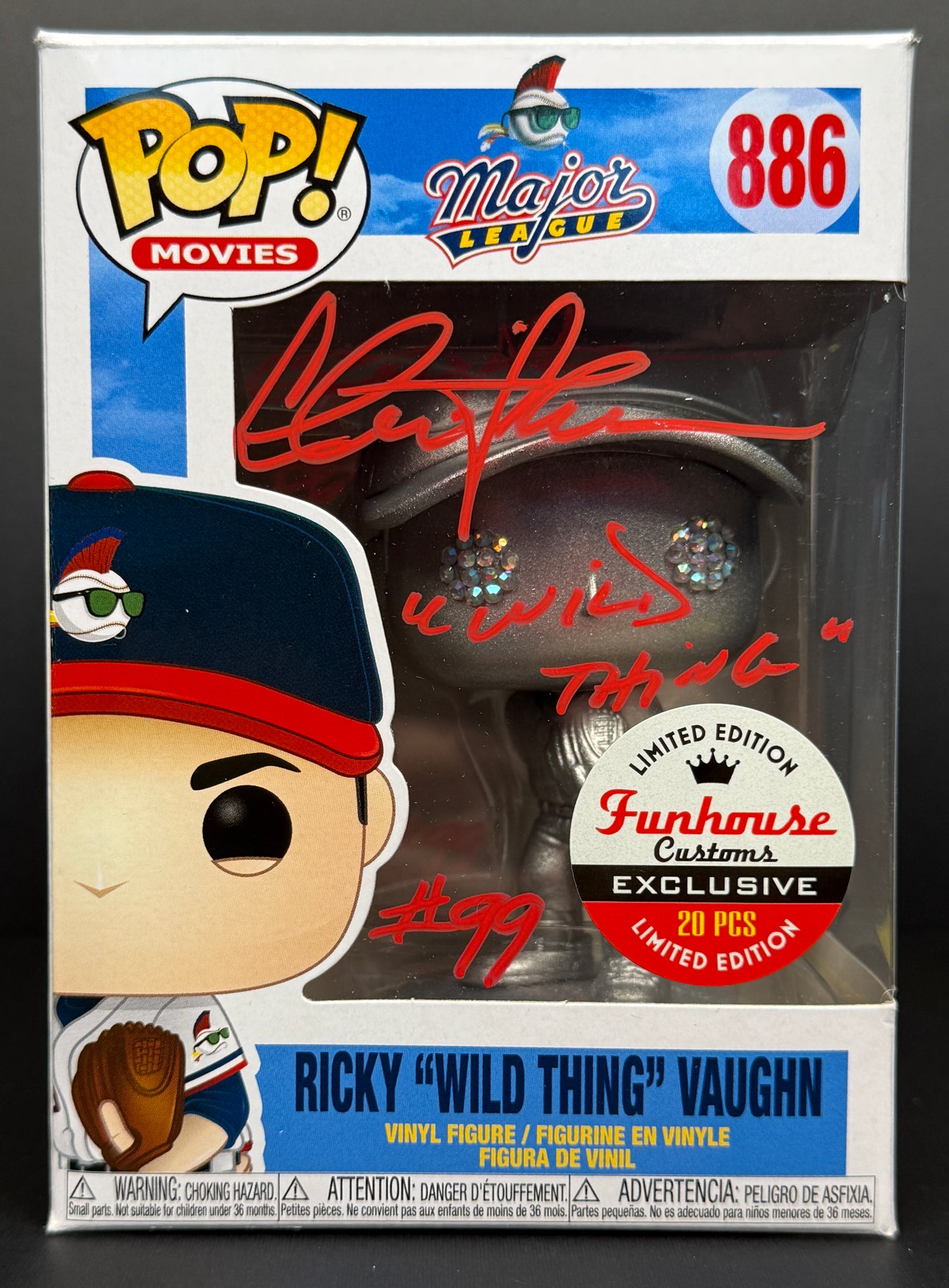 Charlie Sheen Funkhouse Customs "Wild Thing #99" inscription Rickey Vaughn Major League Funko POP! Red Ink - JSA Witessed Authentication