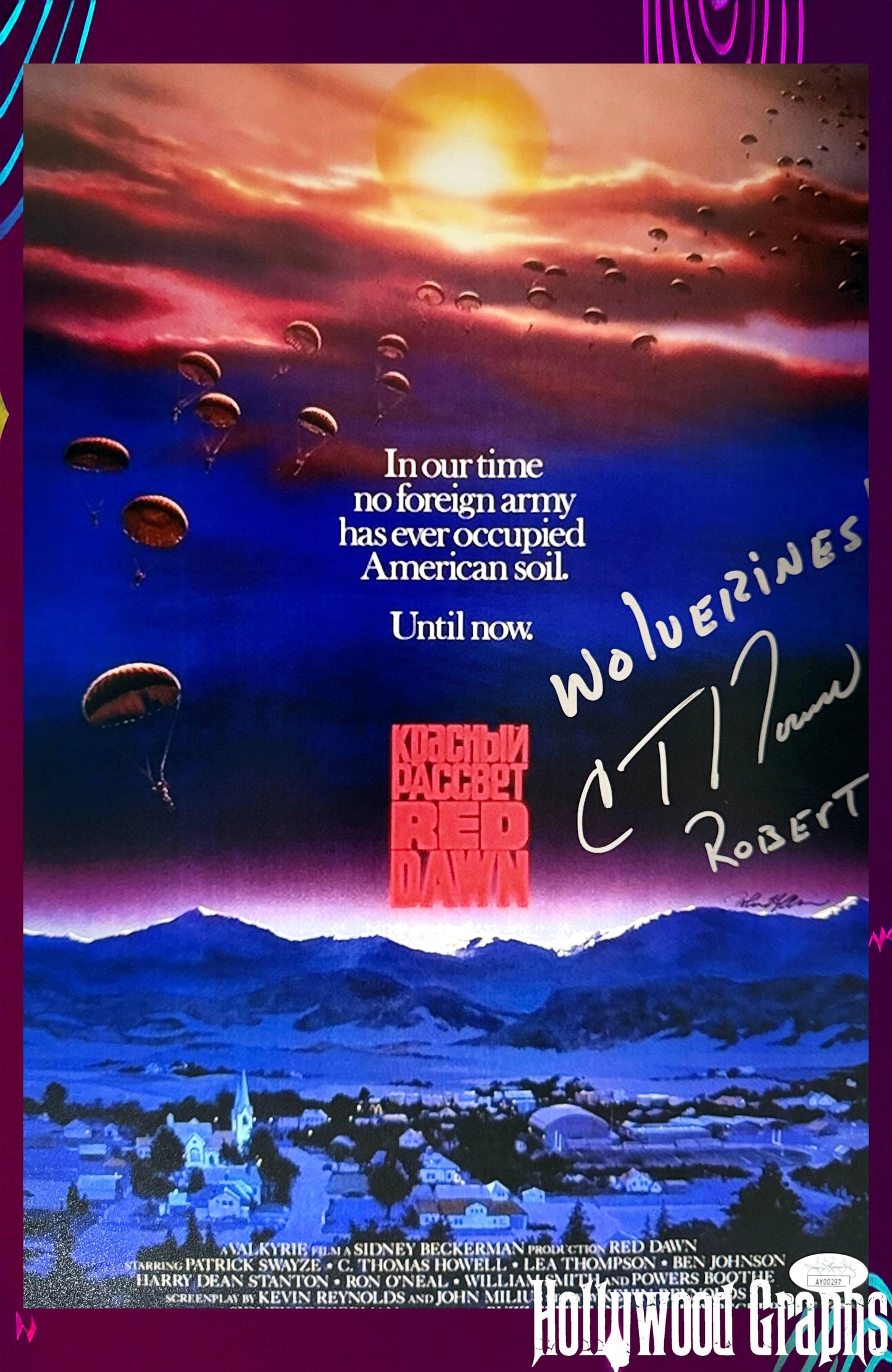 C. Thomas Howell "Wolverines!" inscription & Character name Red Dawn movie poster signed 11x17 - JSA Authenticated