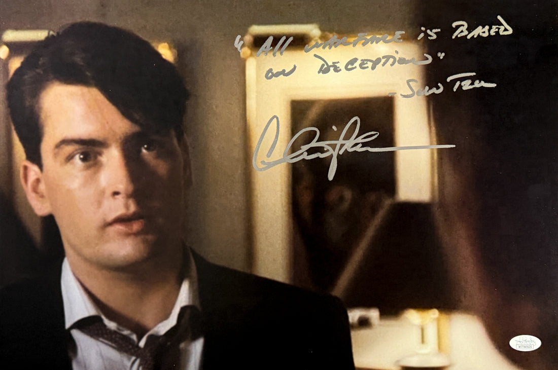 Charlie Sheen rare movie quote "All Warfare is Based on Deception" Wall Street 12x18 JSA Witnessed
