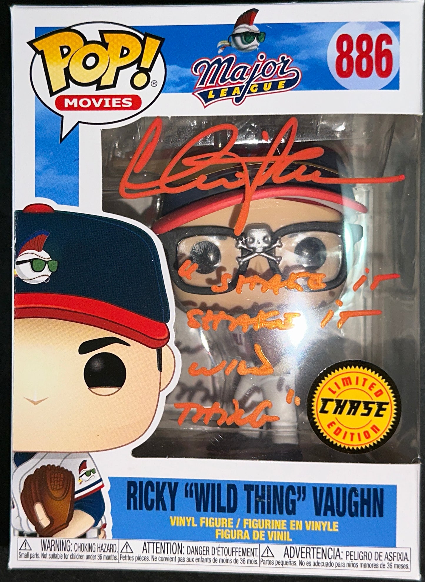 Charlie Sheen CHASE Rickey Vaughn Major League Funko POP! Inscribed "Shake it shake it Wild Thing" Red Ink - JSA Witessed Authentication