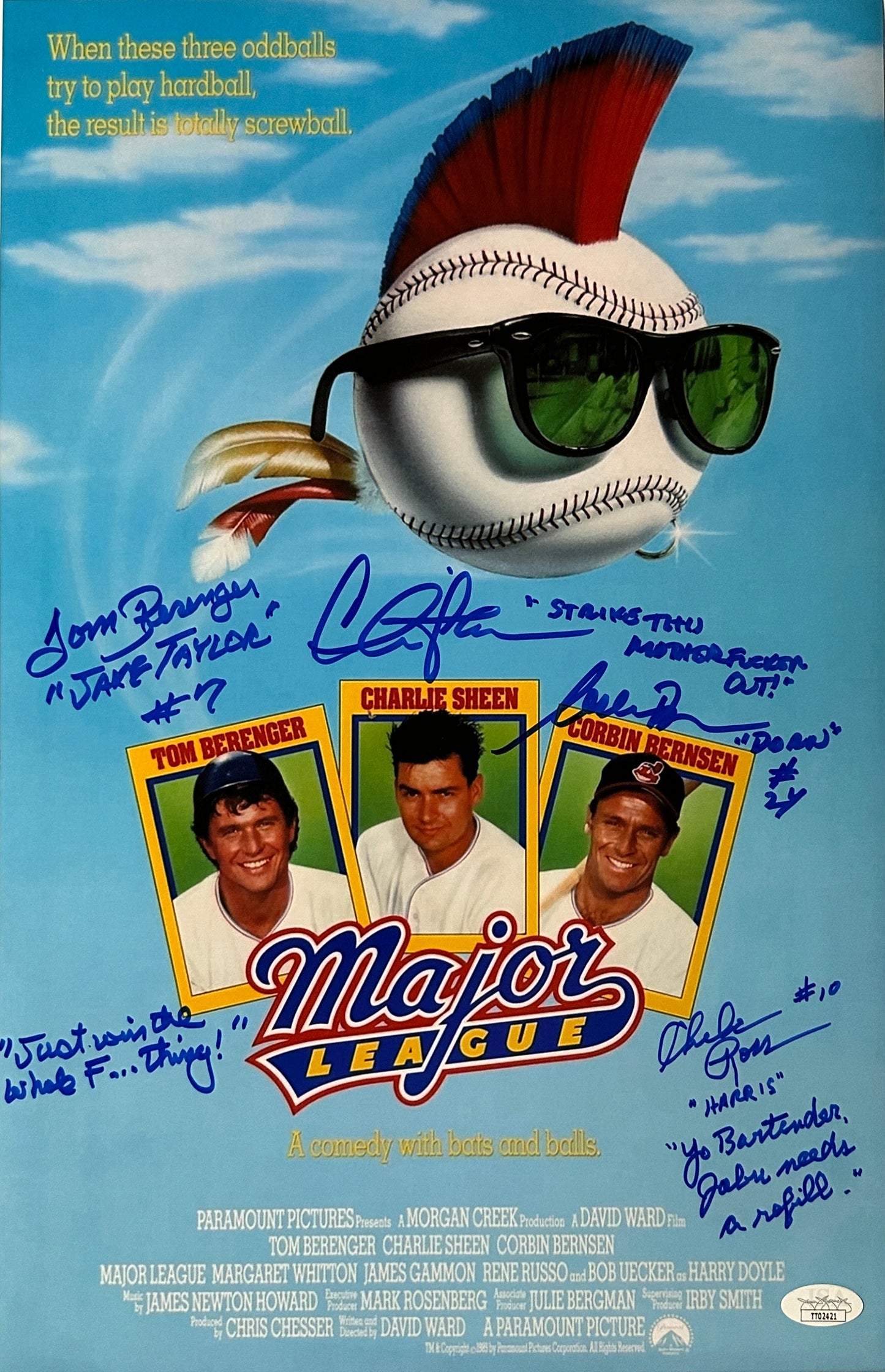 Charlie Sheen Corbin Bernsen Tom Berenger Chelcie Ross Major League "Strike that mother fucker out!" 3 quotes! Blue ink JSA Authenticated Signed 11x17 Poster
