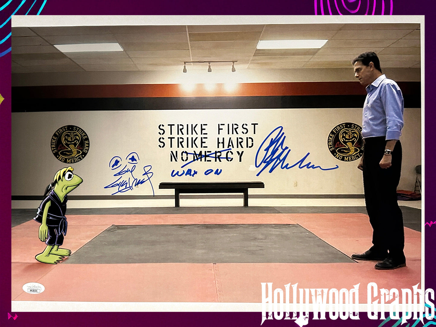 Ralph Macchio & Guy Gilchrist Cobra Kai "Wax On" Kermit the Frog Muppets Mashup JSA Authenticated Signed 12x18