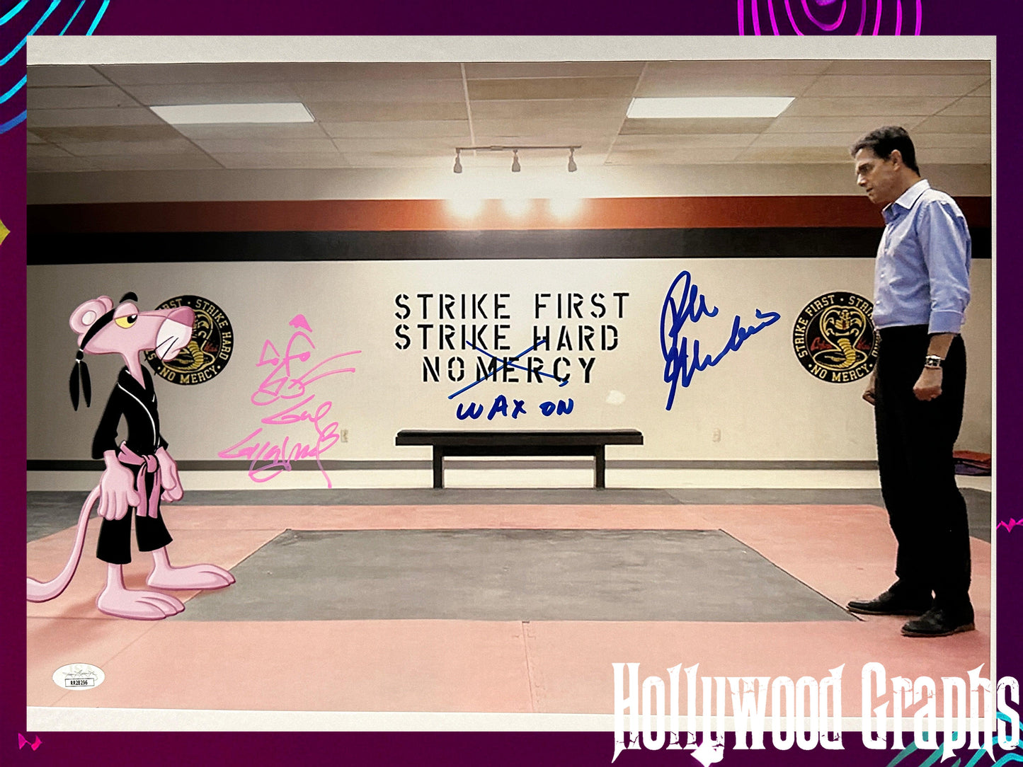 Ralph Macchio & Guy Gilchrist Cobra Kai "Wax On" Pink Panther Muppets Mashup JSA Authenticated Signed 12x18