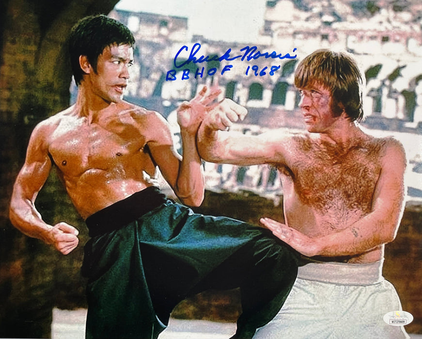 Chuck Norris with extremely rare inscription "BBHOF 1968" signed 11x14 Way of the Dragon Bruce Lee - JSA Certified