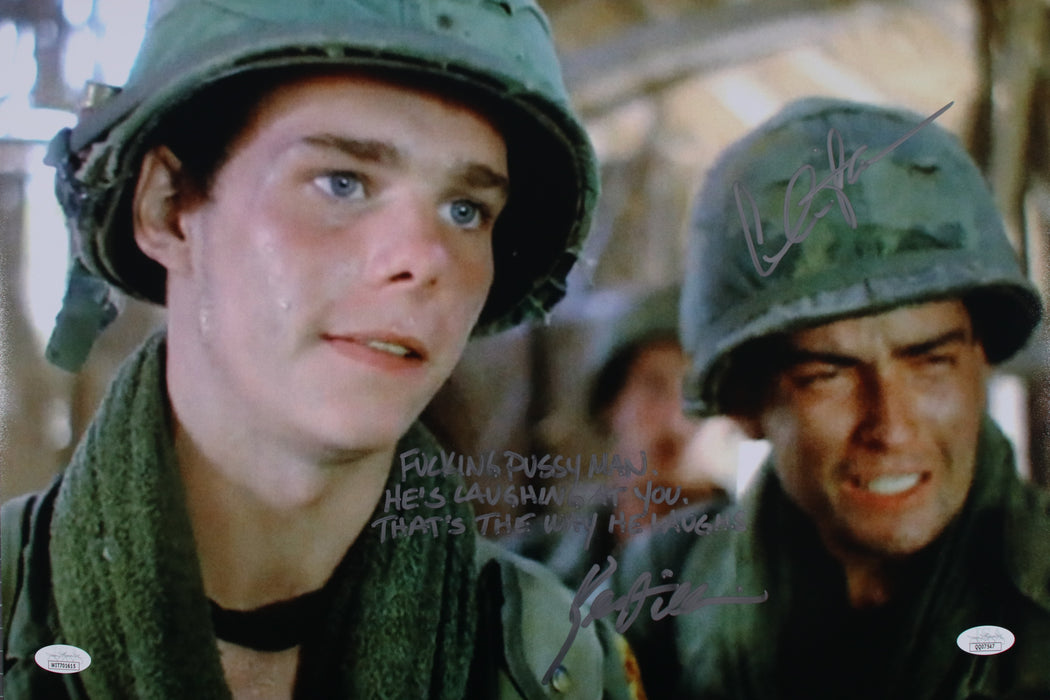 Kevin Dillon & Charlie Sheen dual Platoon rare movie quote "Fucking Pussy Man..." 12x18 JSA Cert