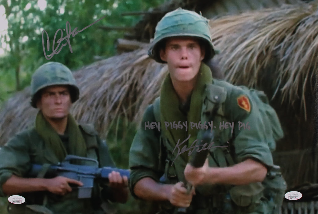 Kevin Dillon & Charlie Sheen dual Platoon rare movie quote "Hey Piggy Piggy..." 12x18 JSA Cert