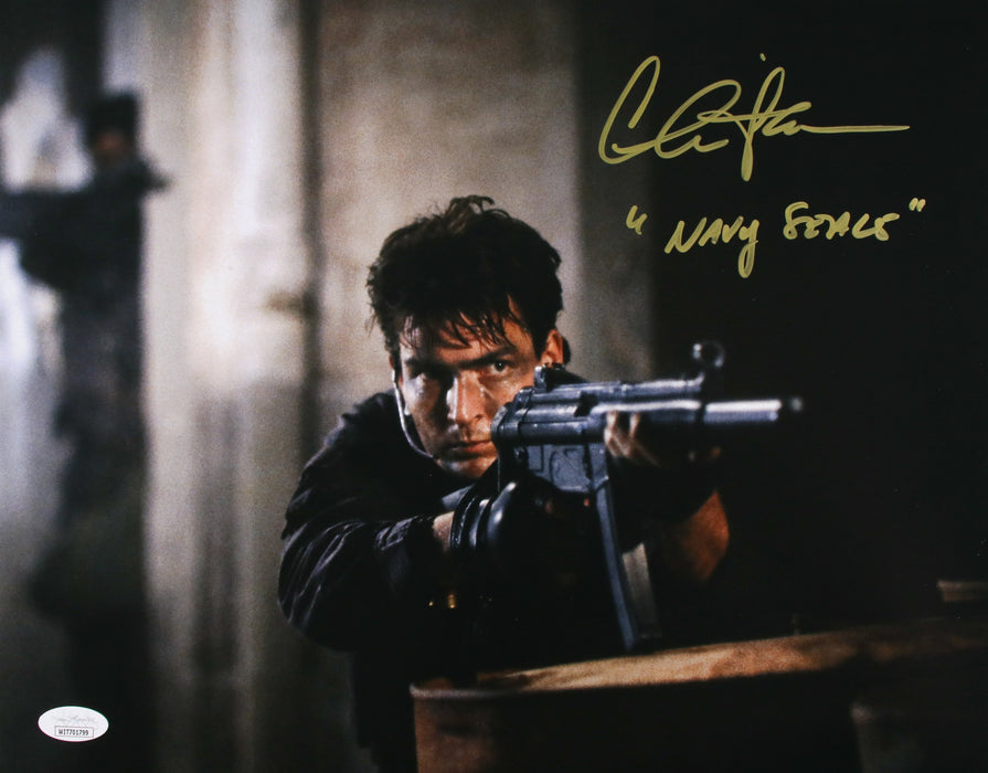 Charlie Sheen rare Inscription "Navy SEALs?" Navy SEALs 11x14 JSA Witnessed