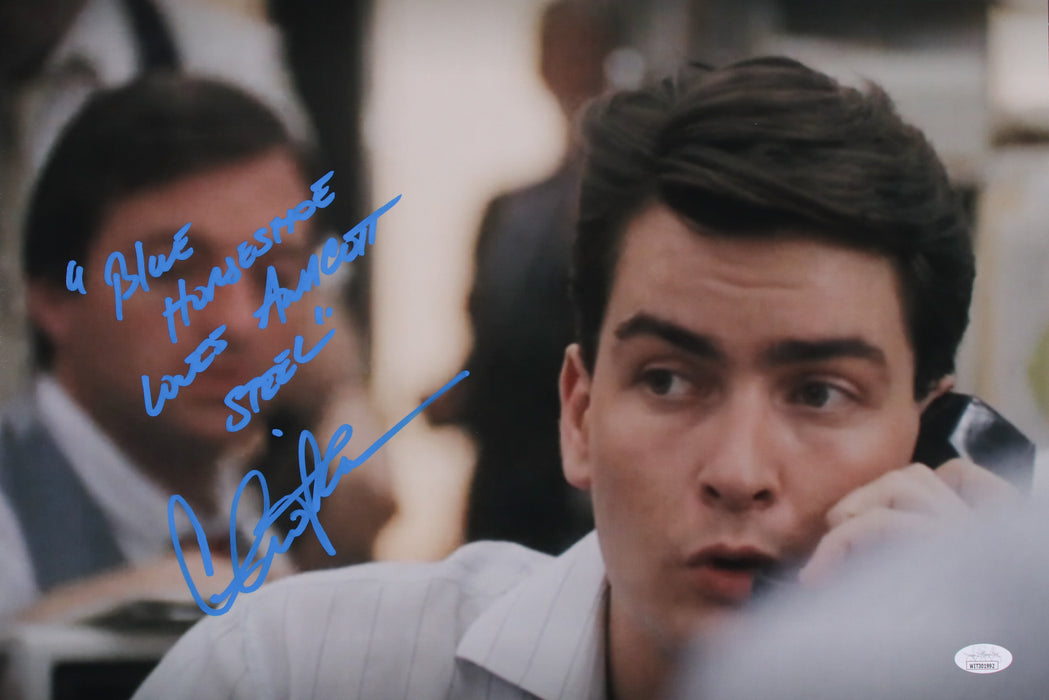 Charlie Sheen rare movie quote "Blue Horseshoe Loves Annocot Steel" Wall Street 12x18 JSA Witnessed