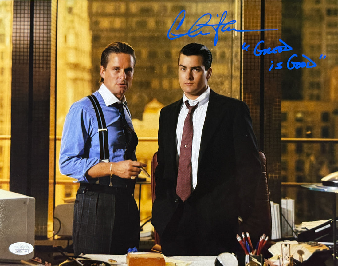 Charlie Sheen rare movie quote "Greed is Good" Wall Street 11x14 JSA Witnessed