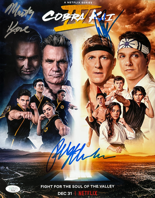 Ralph Macchio, Billy Zabka & Martin Kove Cobra Kai Poster JSA Authenticated Signed 11x14