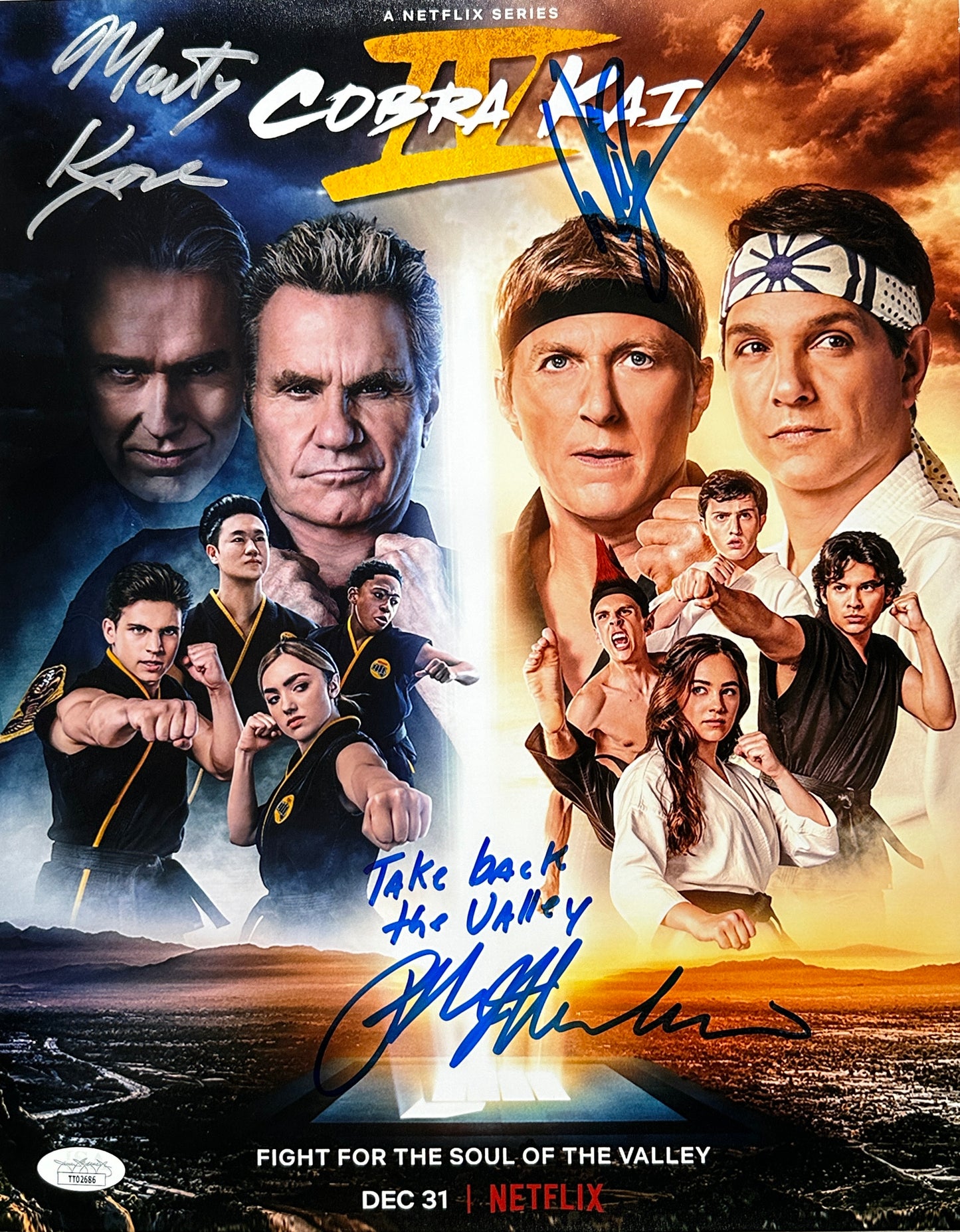 Ralph Macchio, Billy Zabka & Martin Kove Cobra Kai "Take Back the Valley" Poster JSA Authenticated Signed 11x14