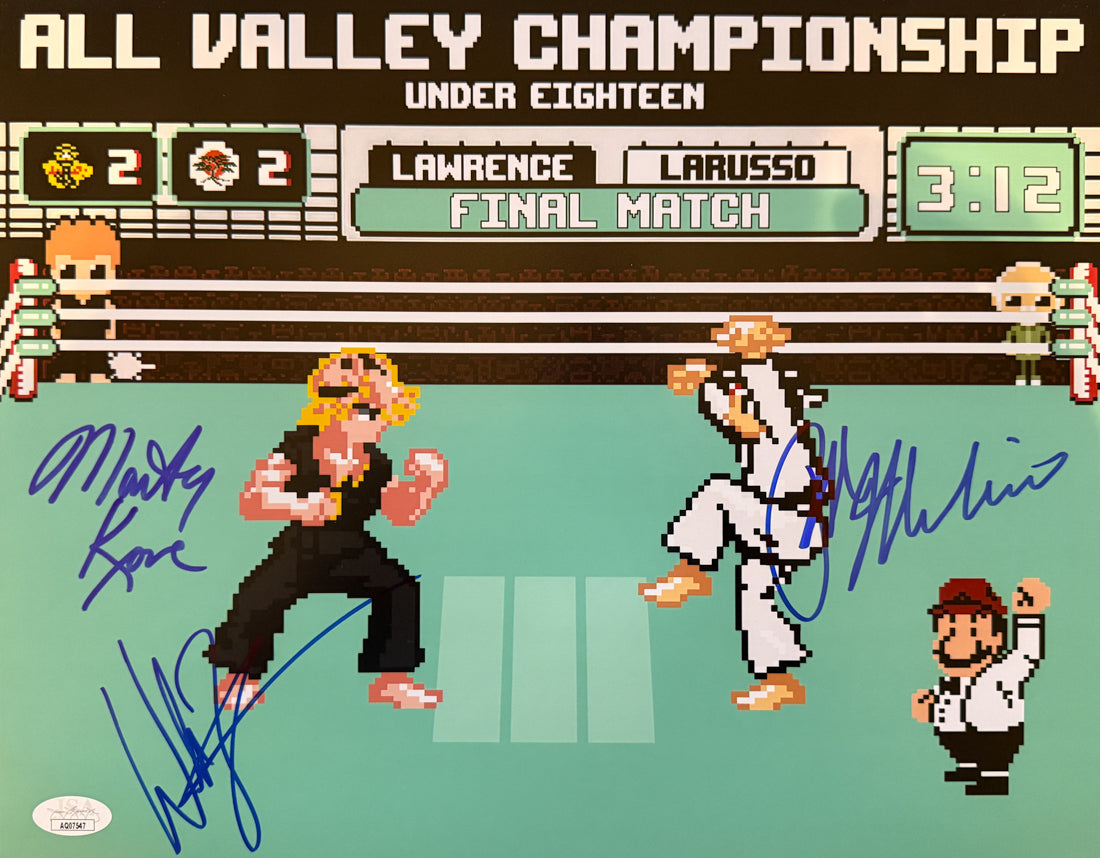 Ralph Macchio, Billy Zabka & Marty Kove signed Karate Kid 11x14 8-bit Nintendo concept Beckett or JSA Authenticated