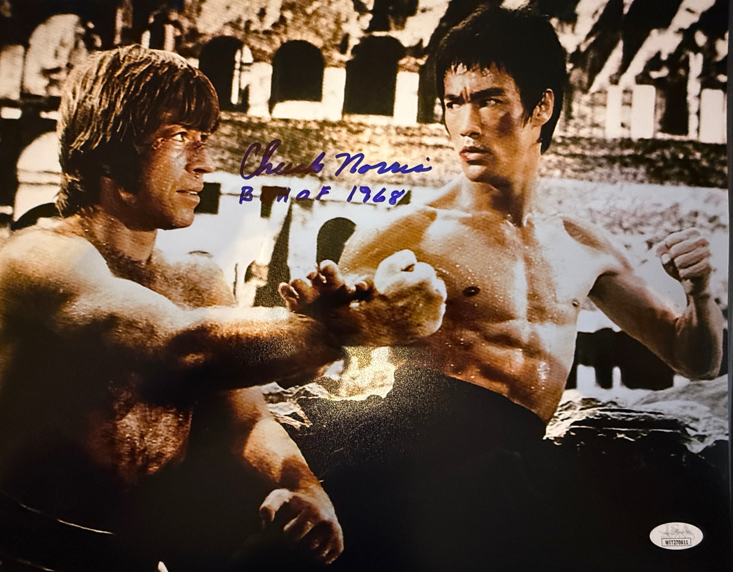 Chuck Norris Signed 11x14 Way of the Dragon Photo – JSA Authenticated + Rare Inscription  "BBHOF 1968"