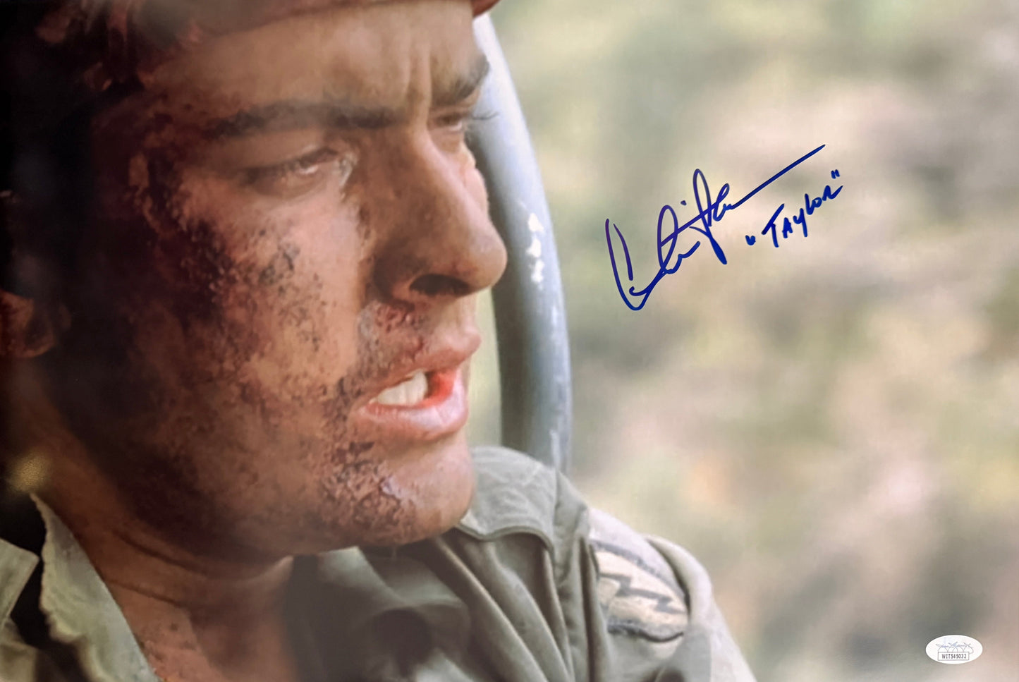 Charlie Sheen signed 12x18 Platoon with "Taylor" character name JSA Witnessed