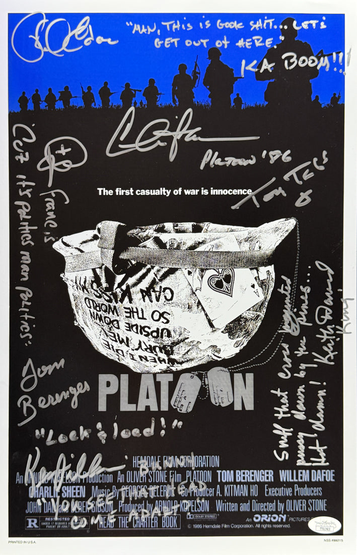Charlie Sheen + 6 other cast members Platoon 5 different movie quotes! Poster 1 JSA Authenticated Signed 11x17