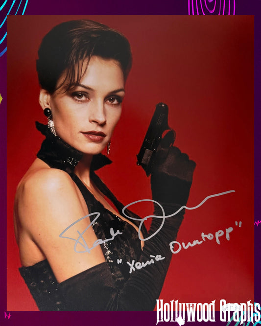 Famke Janssen GoldenEye "Xenia Onatopp" FULL character name signed 11x14 - JSA Authenticated