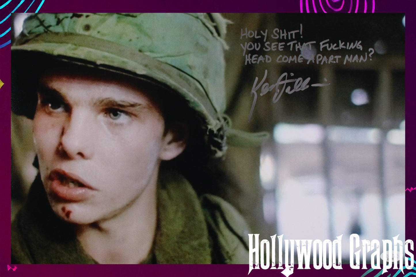 Kevin Dillon Platoon rare movie quote "Holy shit! You see that Fucking Head coma apart man?" 12x18   JSA Cert