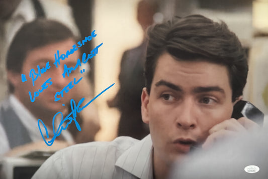 Charlie Sheen rare movie quote "Blue Horseshoe Loves Annocot Steel" Wall Street 12x18 JSA Witnessed