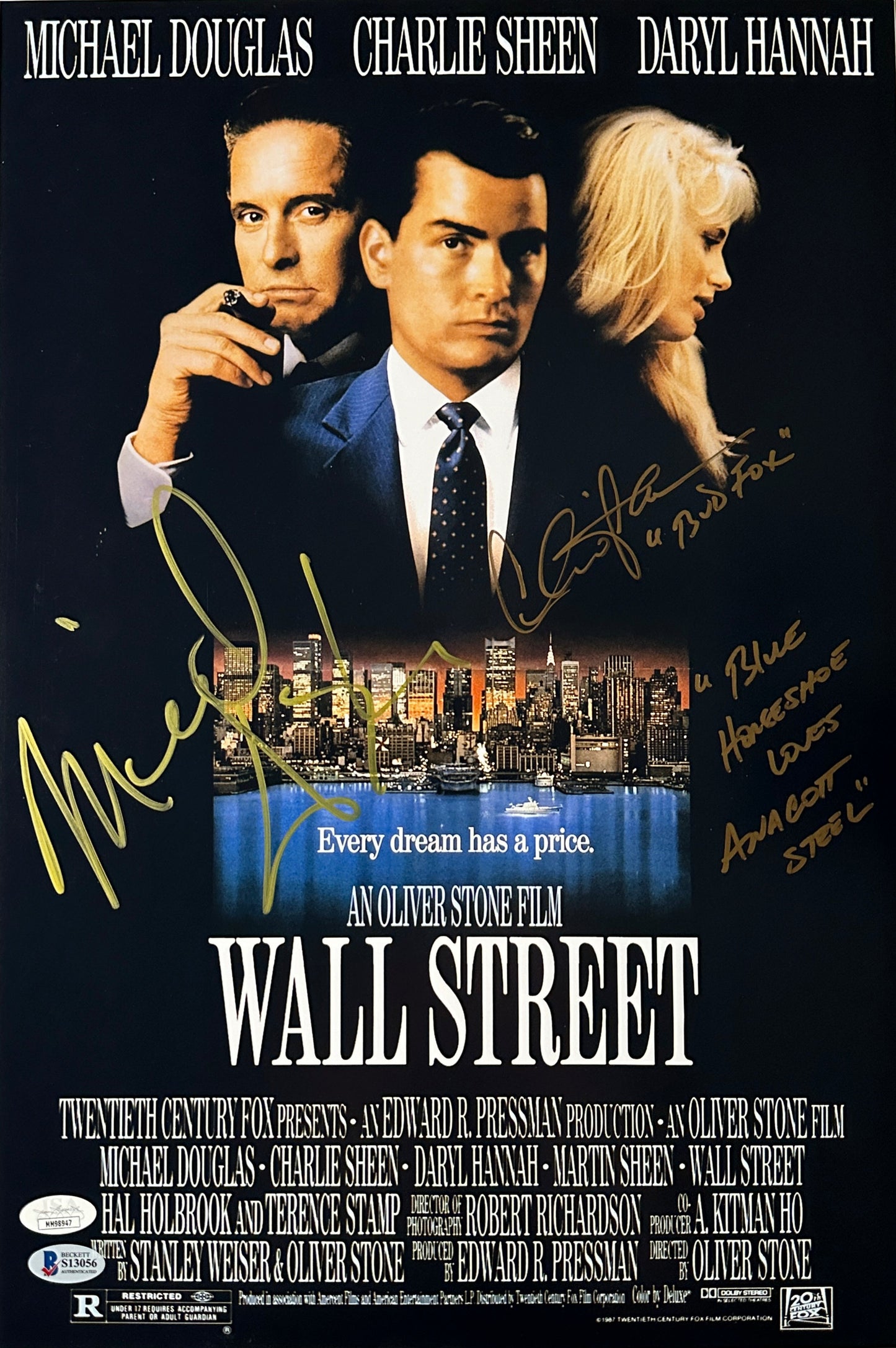 Michael Douglas & Charlie Sheen Wall Street "Blue Horseshoe Loves Annacot Steel" JSA & BGS Authenticated Signed 12x18