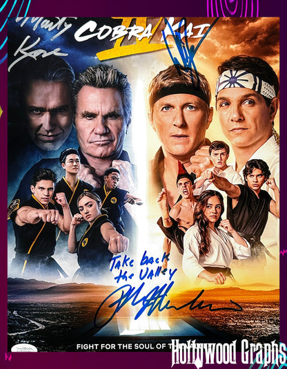 Ralph Macchio, Billy Zabka & Martin Kove Cobra Kai "Take Back the Valley" Poster JSA Authenticated Signed 11x14