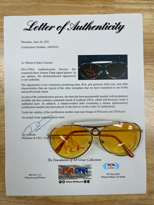 Johnny Depp signed Fear & Loathing Sun Glasses - PSA Full Letter #AK00320