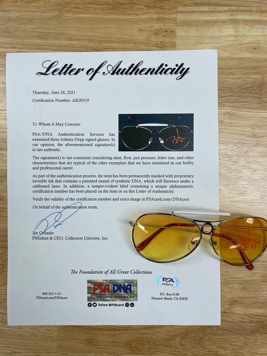 Johnny Depp signed Fear & Loathing Sun Glasses - PSA Full Letter #AK00319