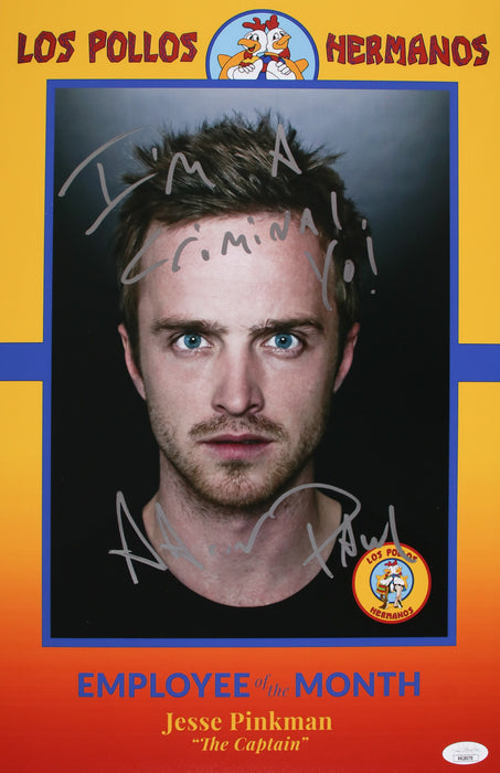 Aaron Paul 11x17 with rare quote "I'm a Criminal, Yo!" Breaking Bad Employee of the Month  JSA RR28078