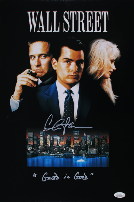 Charlie Sheen with rare "Greed is Good" Movie Quote Wall Street 16x20 Movie Poster  JSA Witnessed