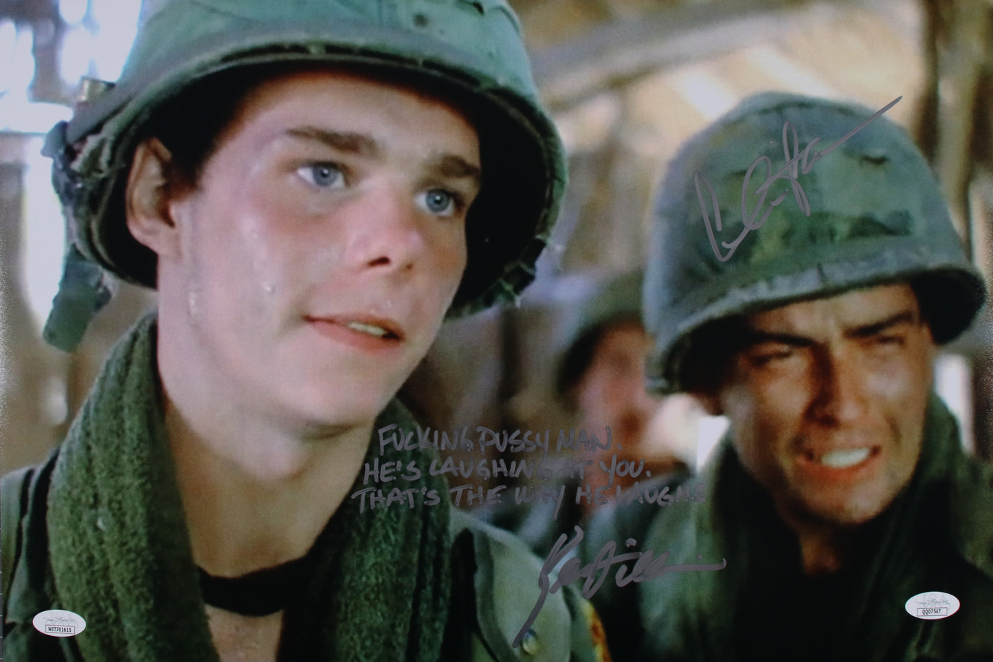 Kevin Dillon & Charlie Sheen dual Platoon rare movie quote "Fucking Pussy Man..." 12x18 JSA Cert