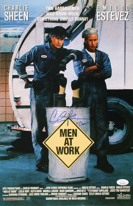 Charlie Sheen signed with "Carl" character name inscription Men at Work 11x17 Movie Poster  JSA Witnessed