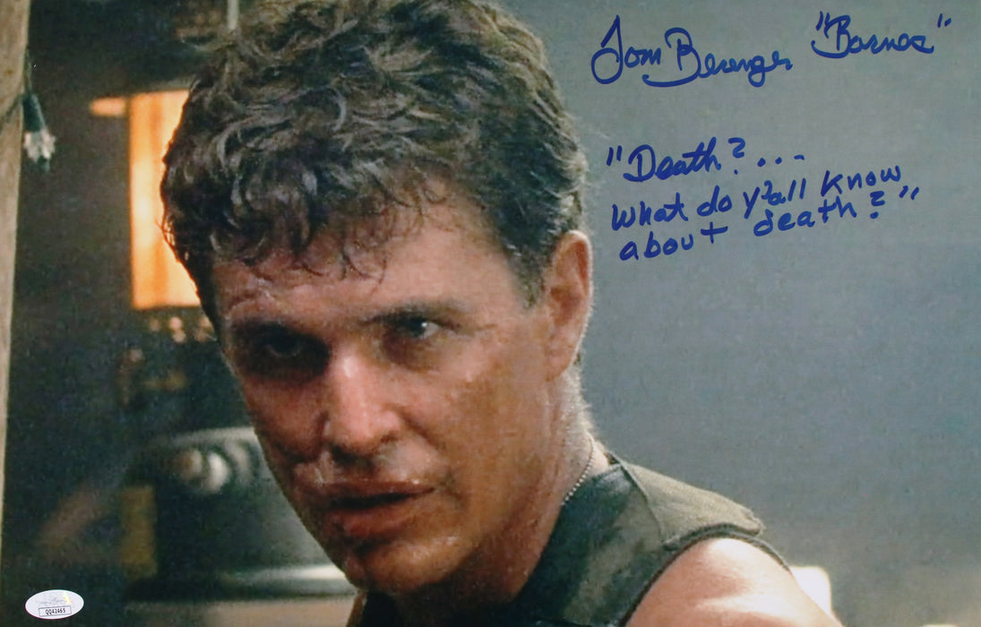 Tom Berenger with rare movie quote & character name "Death? What do you all know about death?" Platoon 12x18 JSA Certified