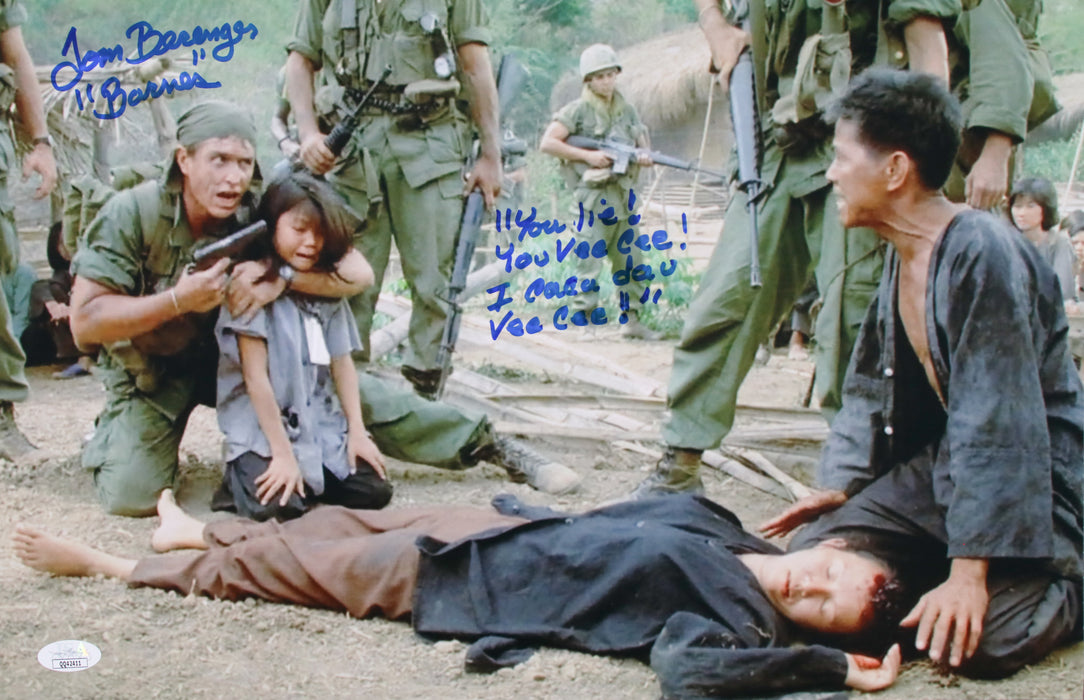Tom Berenger with rare movie quote & character name "You lie! You Vee Cee! I Caca dau Vee Cee!" Platoon 12x18 JSA Certified