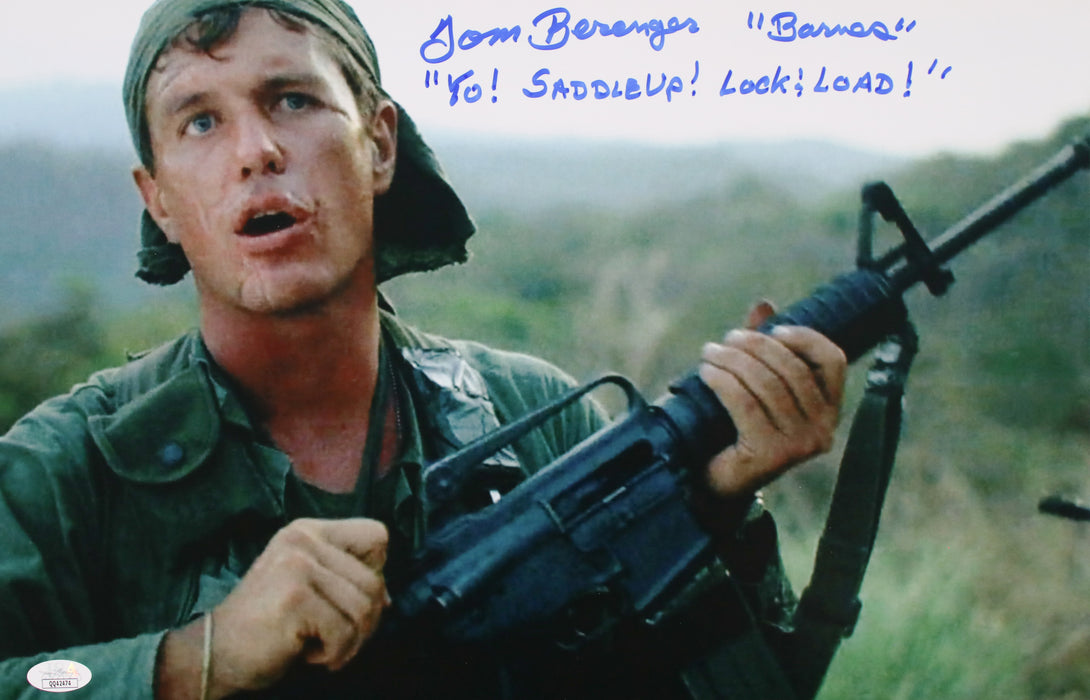 Tom Berenger with rare movie quote & character name "Yo! Saddle Up! Lock & Load!" Platoon 12x18 JSA Certified
