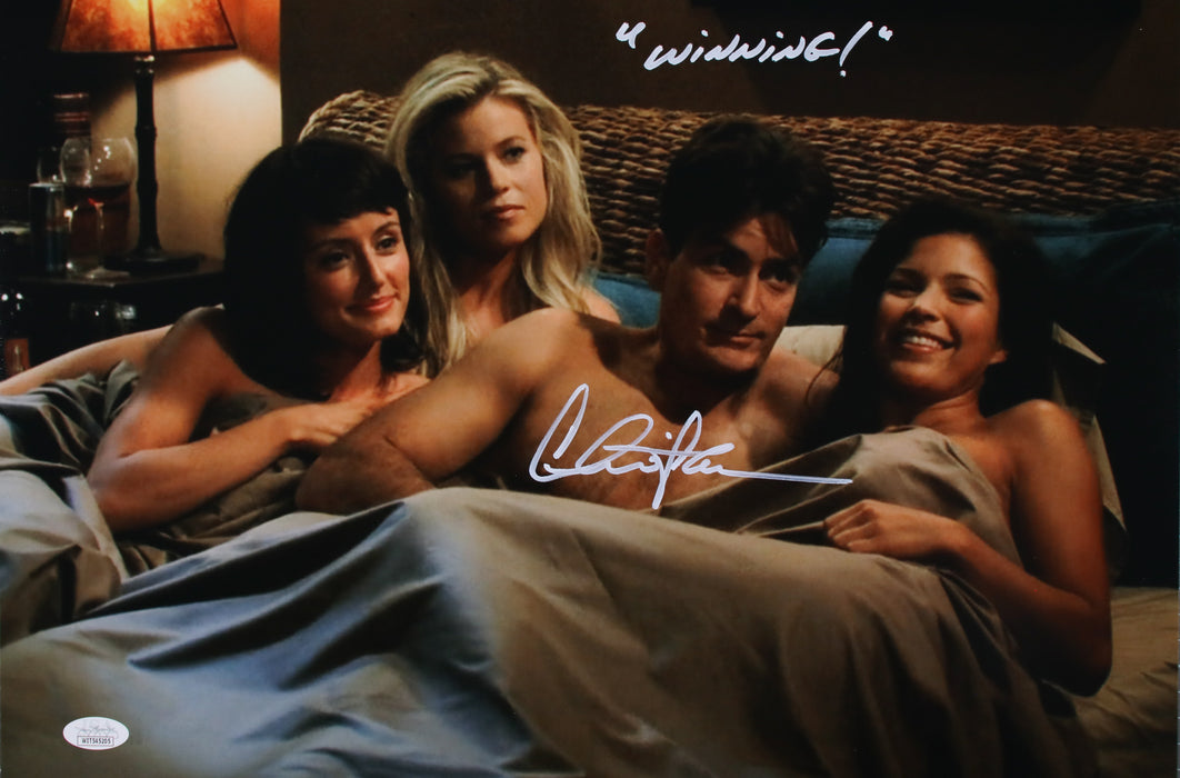 Charlie Sheen EXTREMELY RARE Inscription "WINNING!" Two and a Half Men 11x14 JSA Witnessed